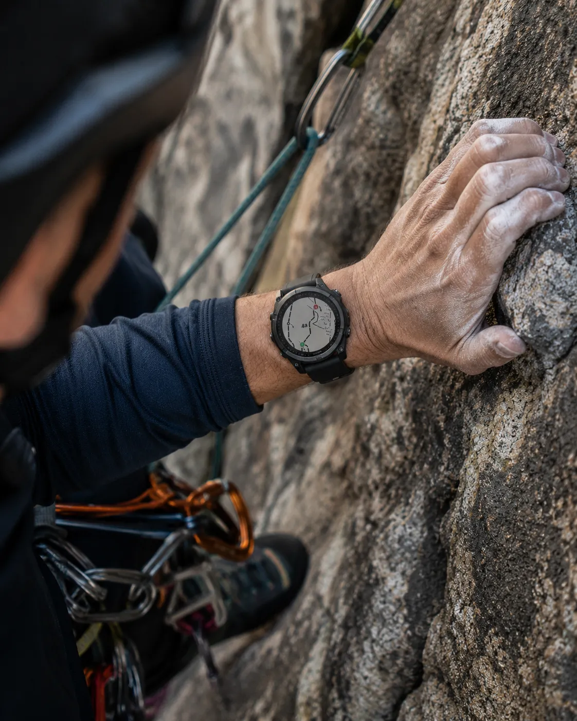 Three Garmin watch screens: pick a route, climb with the topo on your wrist, then review stats.